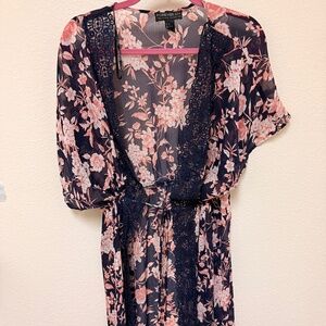 Forever 21 Plus Size Floral and Lace Kimono Robe or Duster Navy Pink Women's 1X